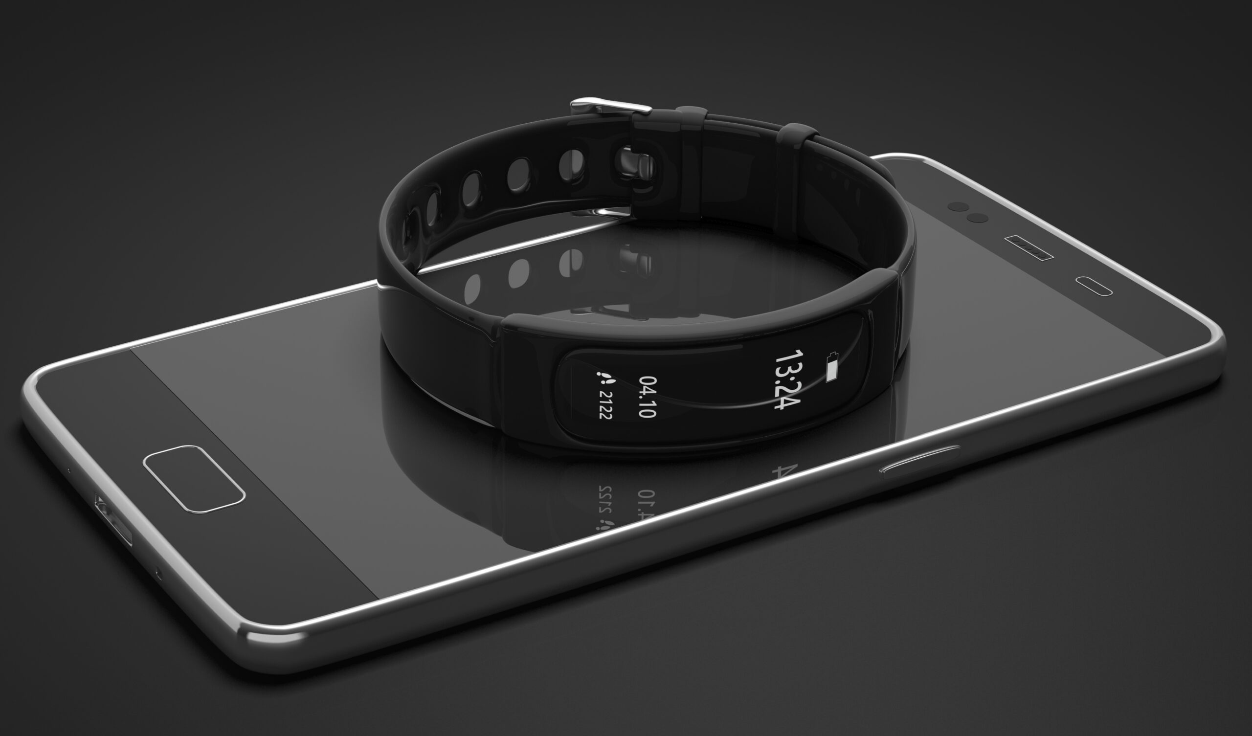 CROPPED Fitness tracker, smart watch and mobile phone isolated on black background. 3d illustration